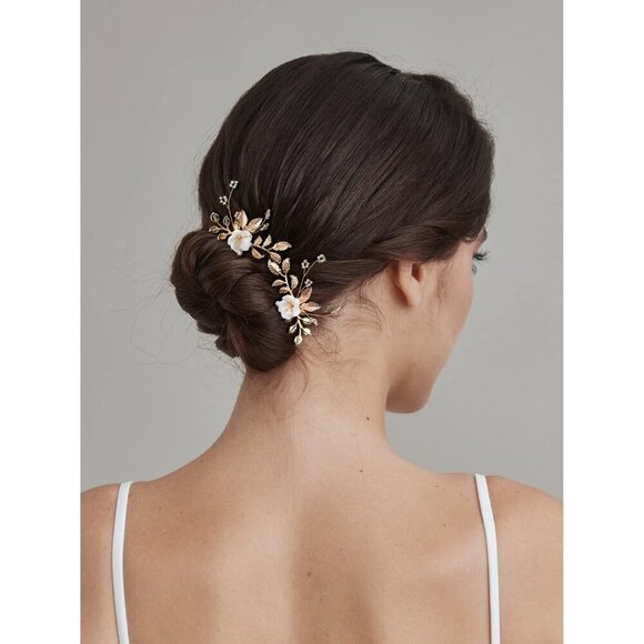 2Pcs Bridal Hair Accessories Gold Wedding Hair Pins with White Flowers
